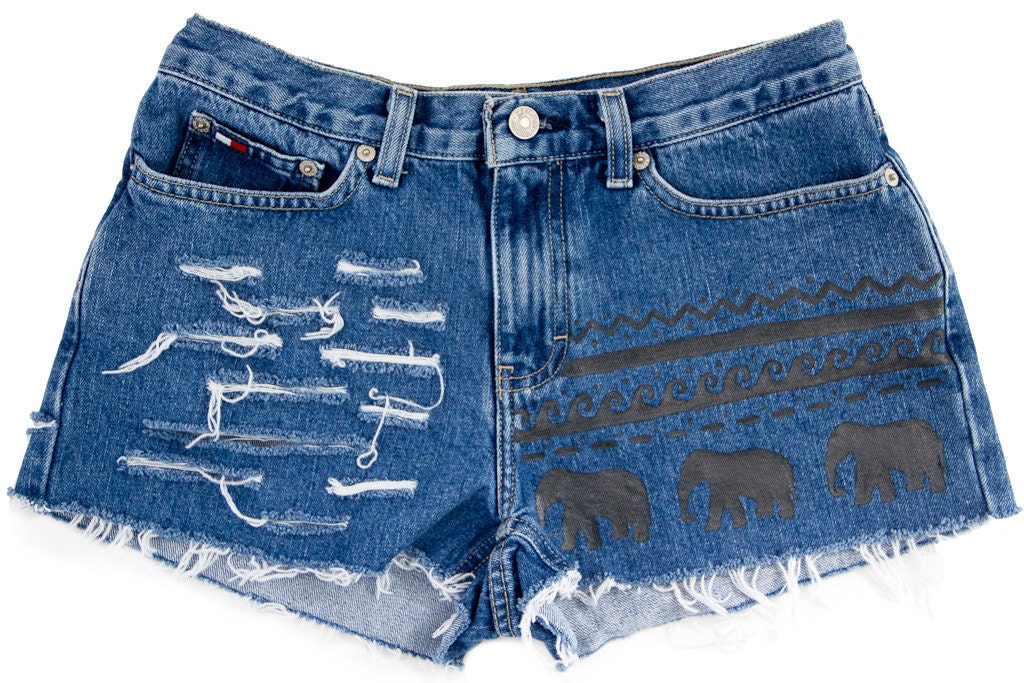 Tribal/Aztec Elephant and Waves Shorts, Hand Painted, Vintage Distressed High Waisted Denim, Upcycled W29