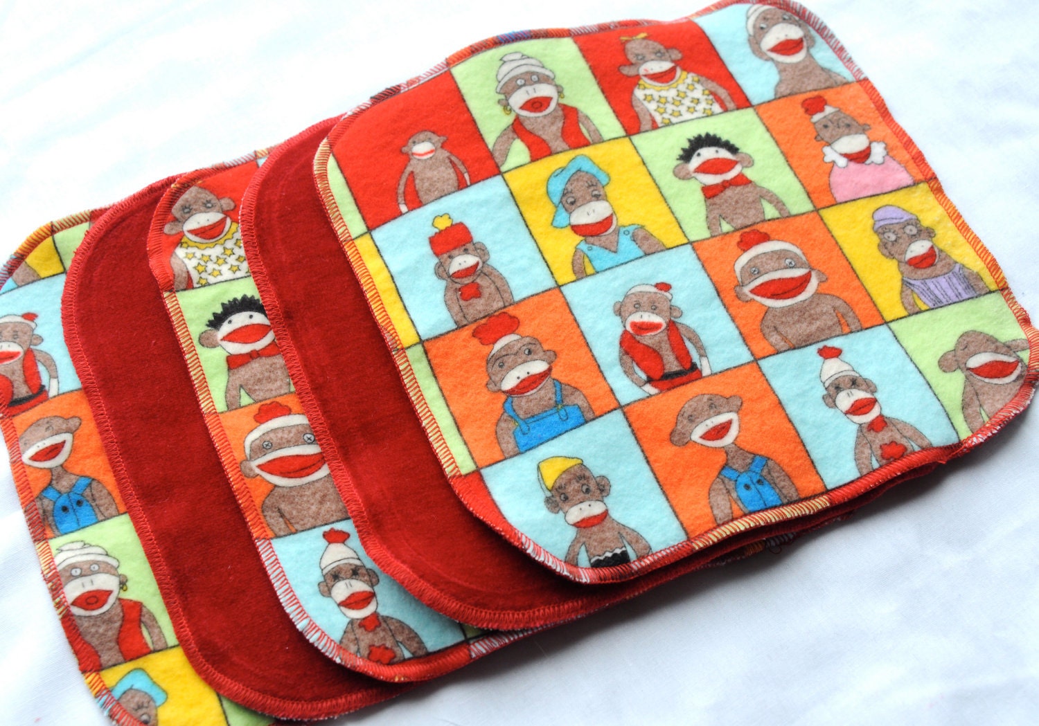 Set of 6 Cloth Wipes<br>Cotton Velour and flannel<br><b>Funky Monkey Friends by Moda</b>