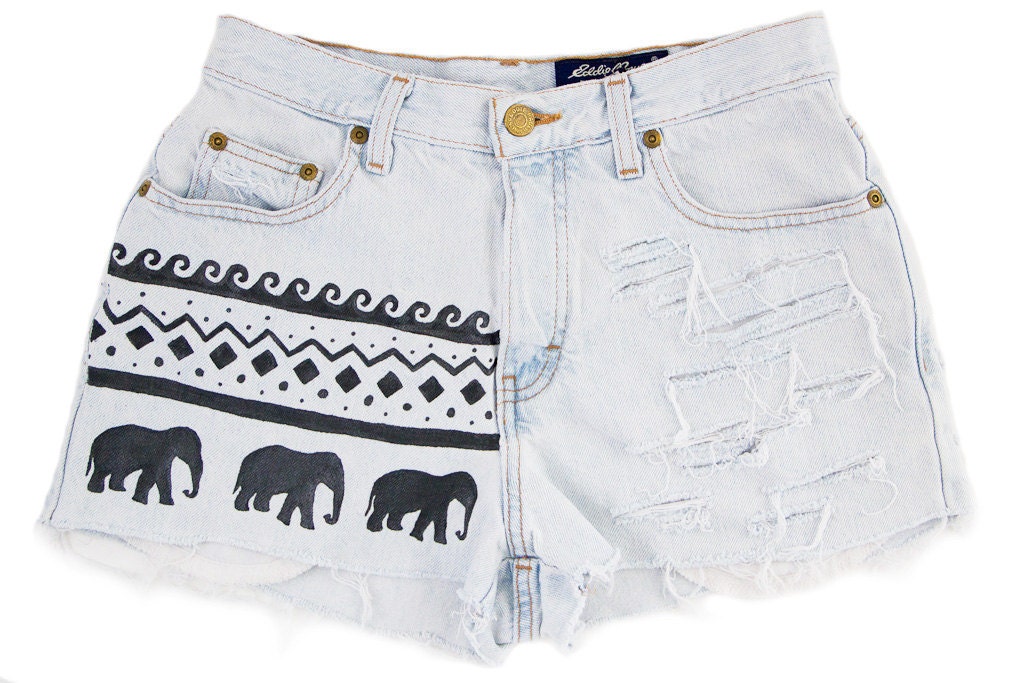 Tribal/Aztec Elephant and Waves Shorts, Hand Painted, Vintage Distressed High Waisted Denim, Upcycled W27