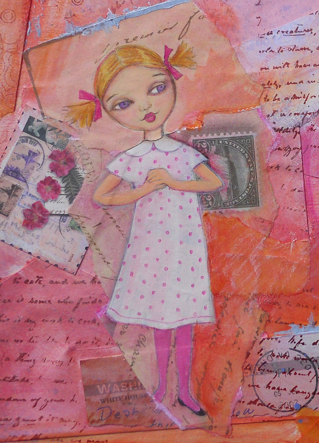 Snail Mail Bliss - Girl Wings Stamps Letter Post - Original mixed media - 9 x 12 Inches