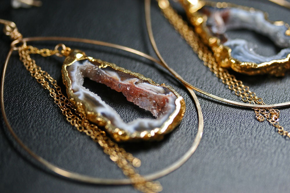 Large Gold Hoop Earrings - Gold Dipped Druzy Earrings - Druzy Earrings - Druzy Hoop Earrings