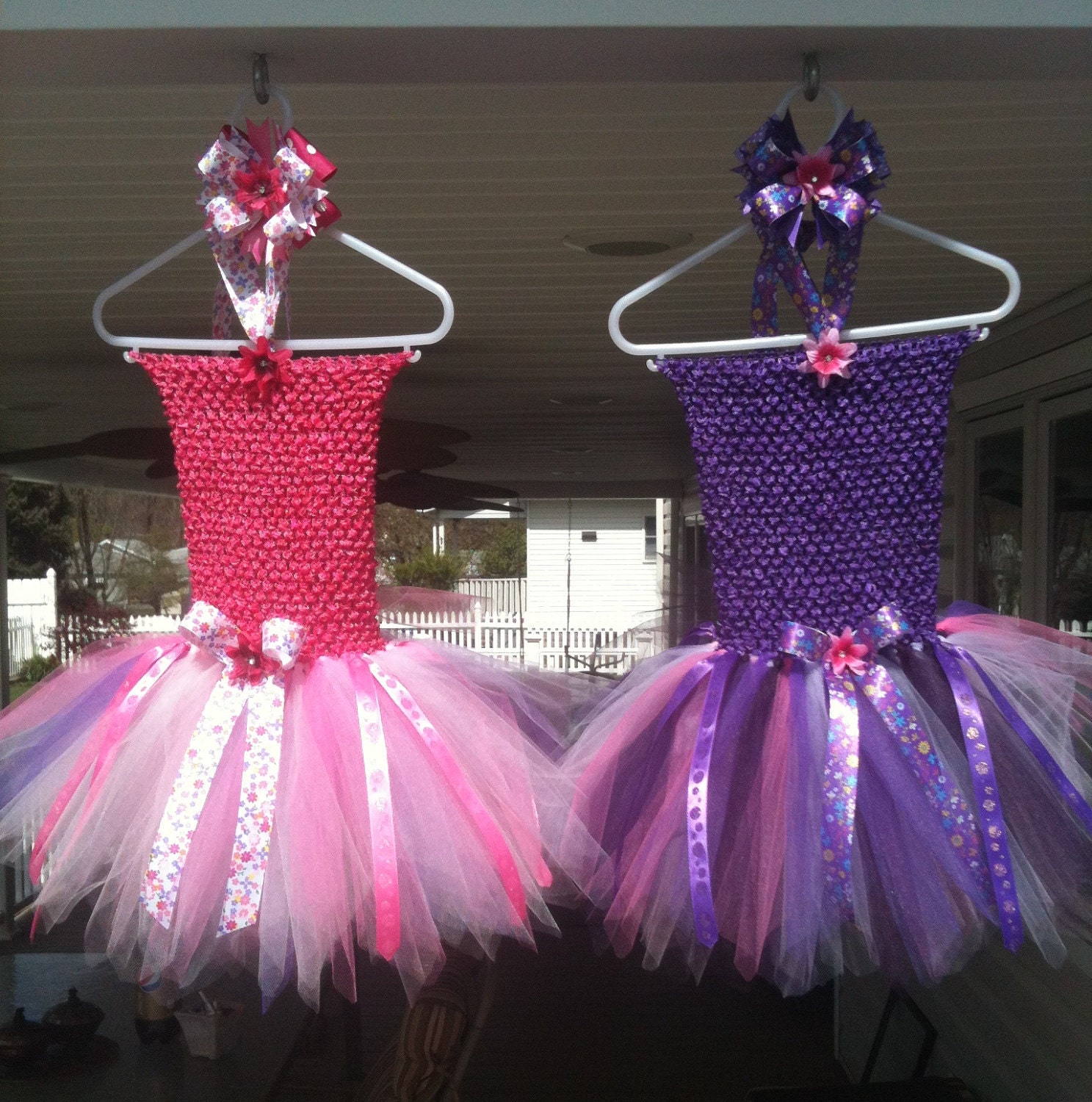 Pink and Purple matching TuTu Dresses with matching Hair Bows