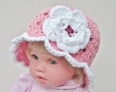 Crochet hat infant baby toddler 0 to 24 months scalloped edge with flower Shown in Rose Pink other colors available