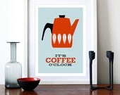 Catherineholm poster print Mid Century Modern red retro kitchen coffee tea print - It's Coffee O'clock A3