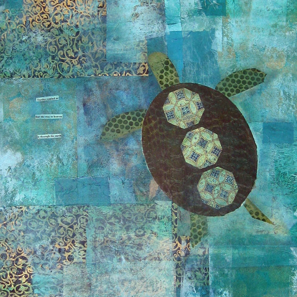 Sea Turtle Large Original Collage Art Mixed Media 30 x 40 Blue Green Turquoise
