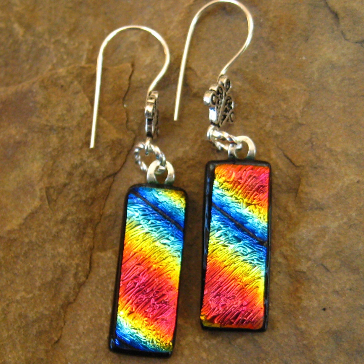 Dichroic Fused Glass Dangle Earrings - Black Tie