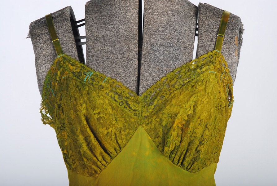 Spring Meadows: Hand-dyed 1950s Vintage Slip Dress with lace detail