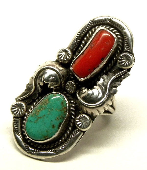 Long 1950-60s NAVAJO Green TURQUOISE Coral  RING  Signed Dave Pino Sterling Silver Size 9 1/2
