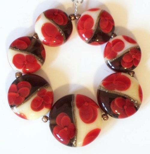 Handmade Lampworlk Beads Red Velvet and Cream set 7 Made to order