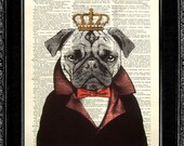 Dog Print - Dog King - ORIGINAL ARTWORK hand painted Mixed Media art print on 8x10 Vintage Dictionary page, Dictionary art, Dictionary print