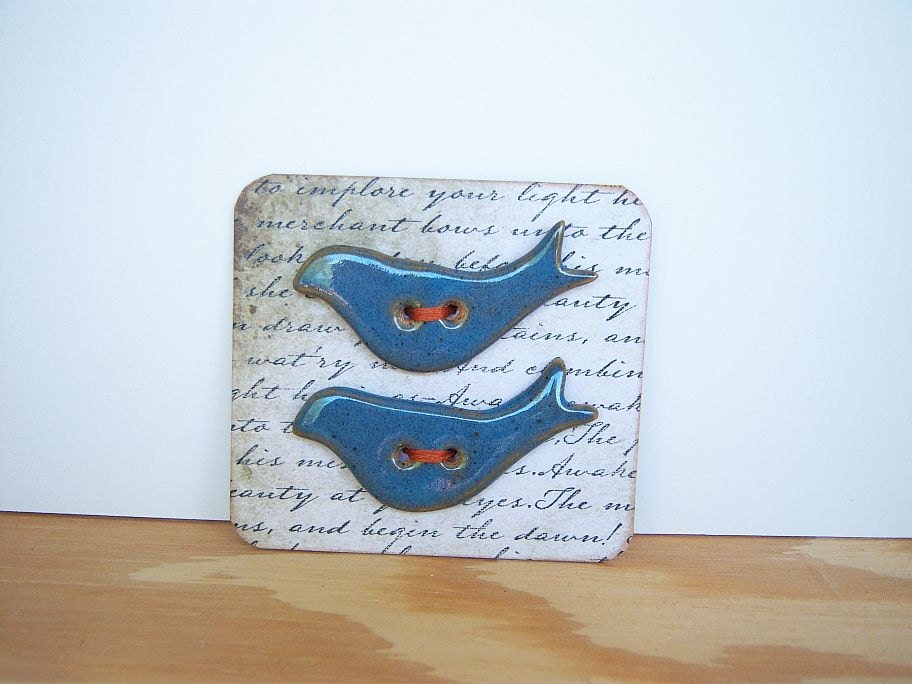 Stoneware Bird Buttons in Shiny Blue Glaze - Set of 2