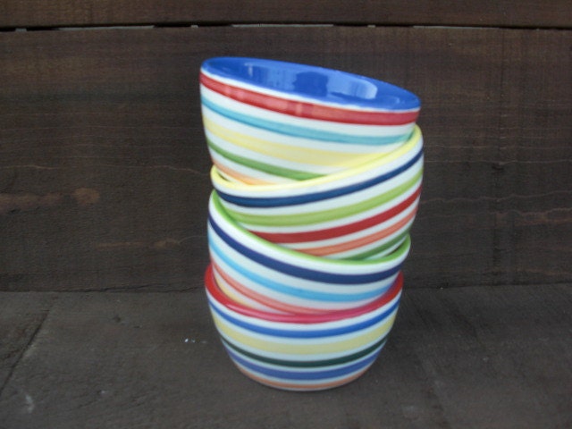 Set of 4 Colorful Rainbow and White Stripes Pinch Pots, Condiment or Prep Bowls - InAGlaze