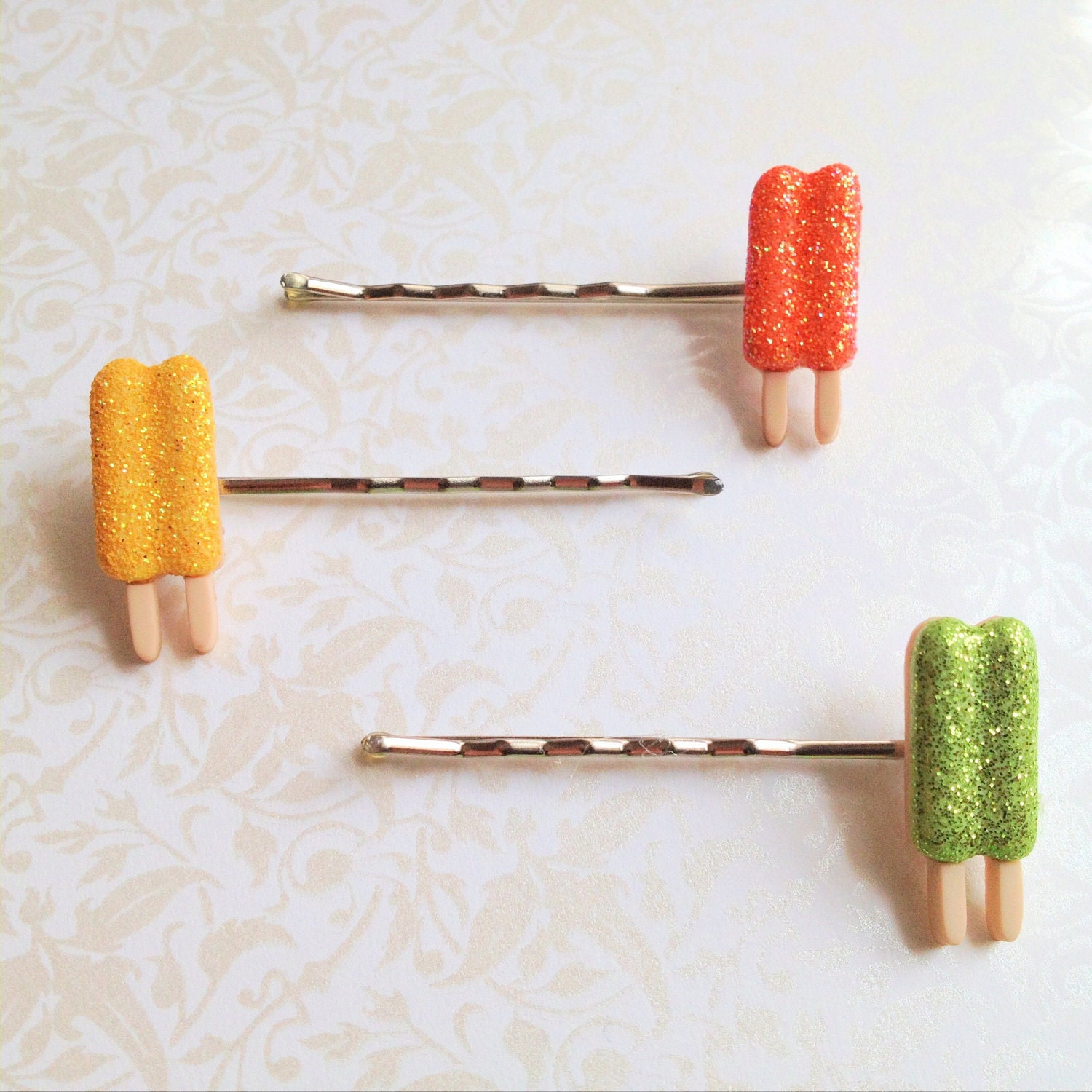 Glitter Popsicle Bobby Pins Set of Three- citrus colors, orange, green, yellow, silver tone bobbies, spring, summer, hair accessory, fun