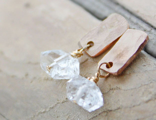 Herkimer diamond quartz earrings, gold, stud posts, hammered, organic rustic bridal