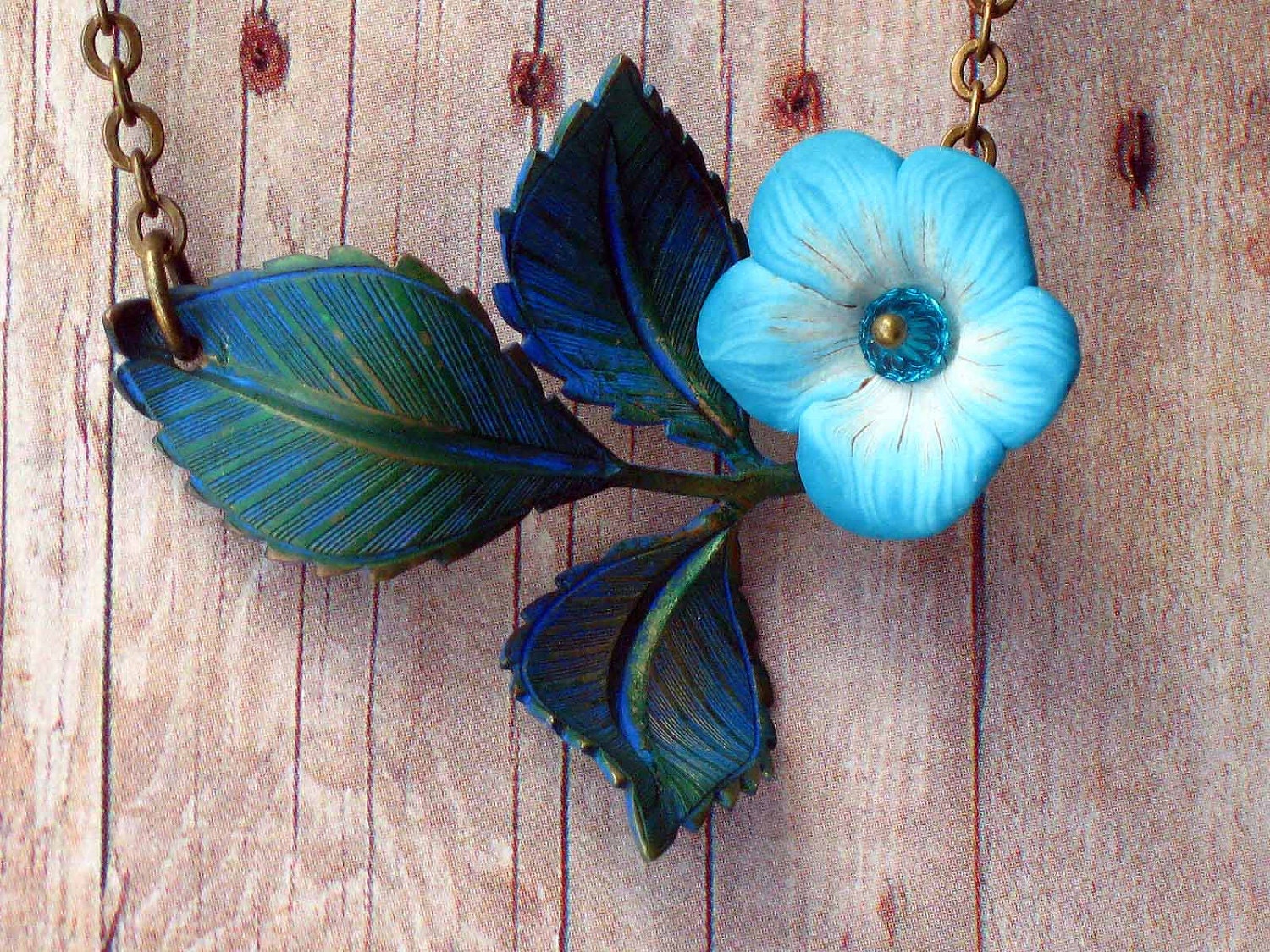 Bellflower Necklace Teal Blue Spring Flower and Leaves Polymer Clay Flowers and Hand Patinaed Brass Stem Gift for Mom Gift Box