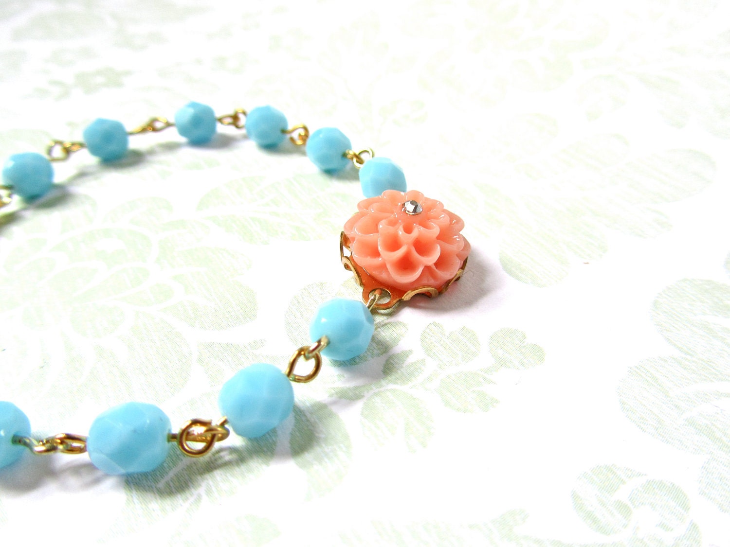 Pastel Blue & Peach Bracelet, Turquoise, Teal, Flower Jewelry, Gift For Her - mintlilly