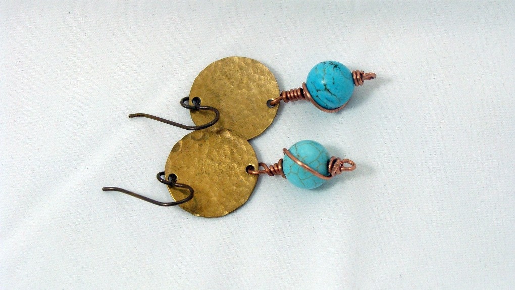 Earrings, Brass Discs, Turquoise Earrings, Hammered Earrings Turquoise,Tribal Earrings,Turquoise Stone Earrings