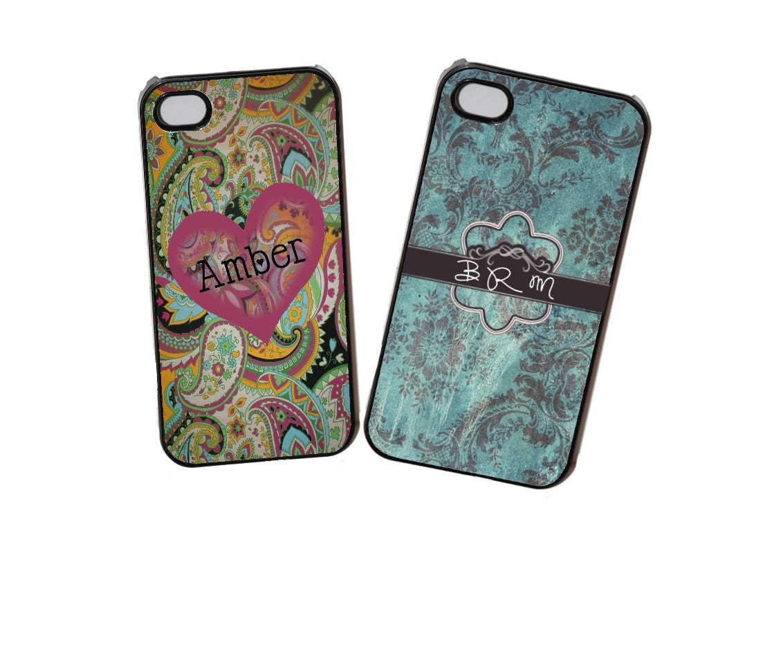 2 PERSONALIZED IPHONE 4 CASES- Custom Designs-Chic Damask Cell Phone Covers-Hard or Silicone for any iPhone 4/4s, Any sayings,pictures etc..