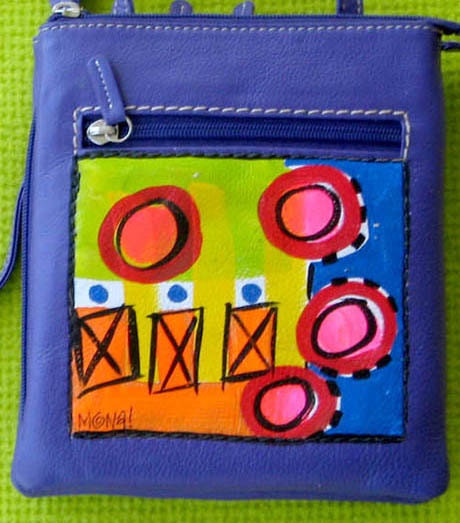 Hand painted leather organizer Shoulder purse In Purple Leather