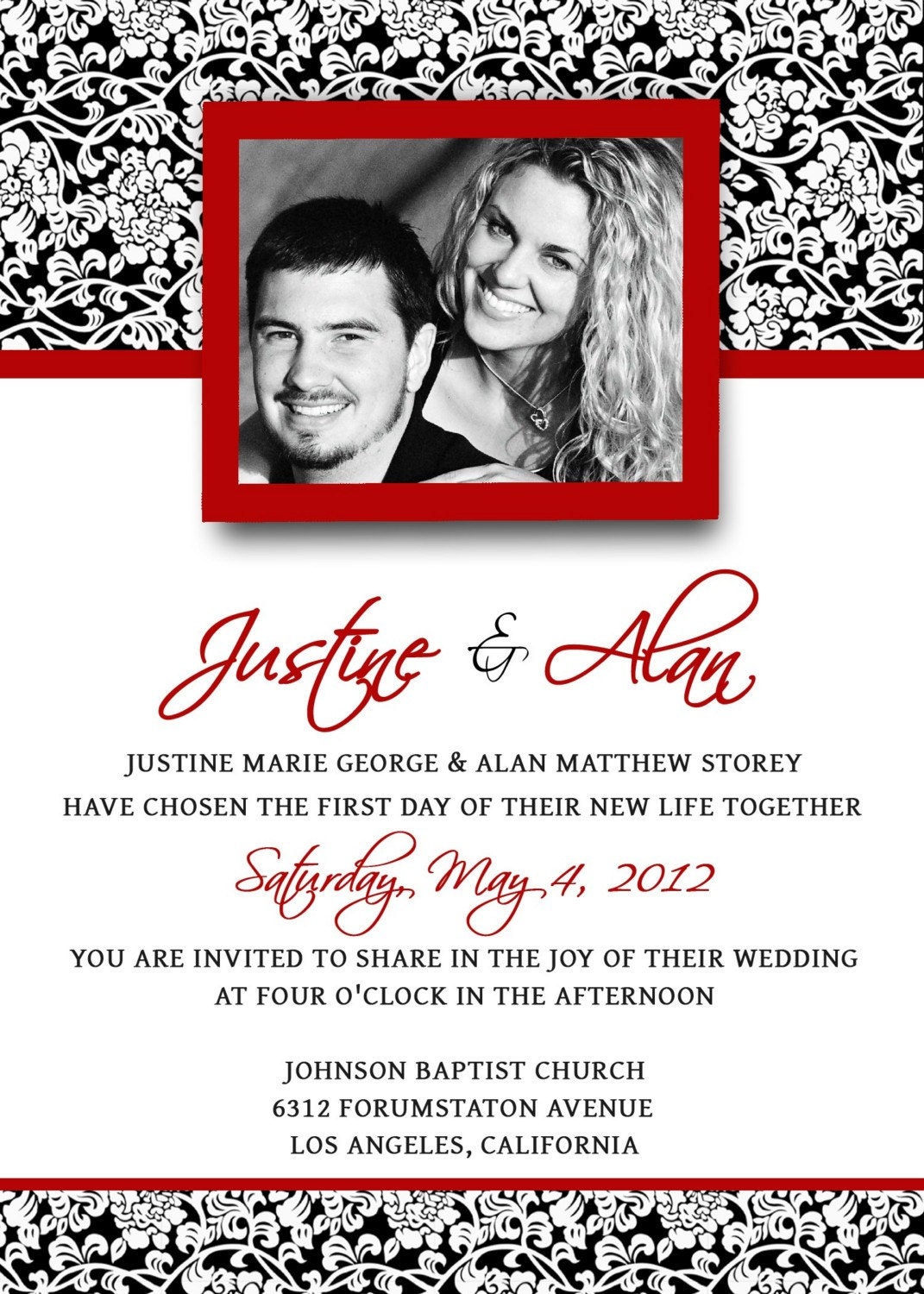 Wedding Invitations Template - PSD - Photoshop Gimp - Damask - Red Black White