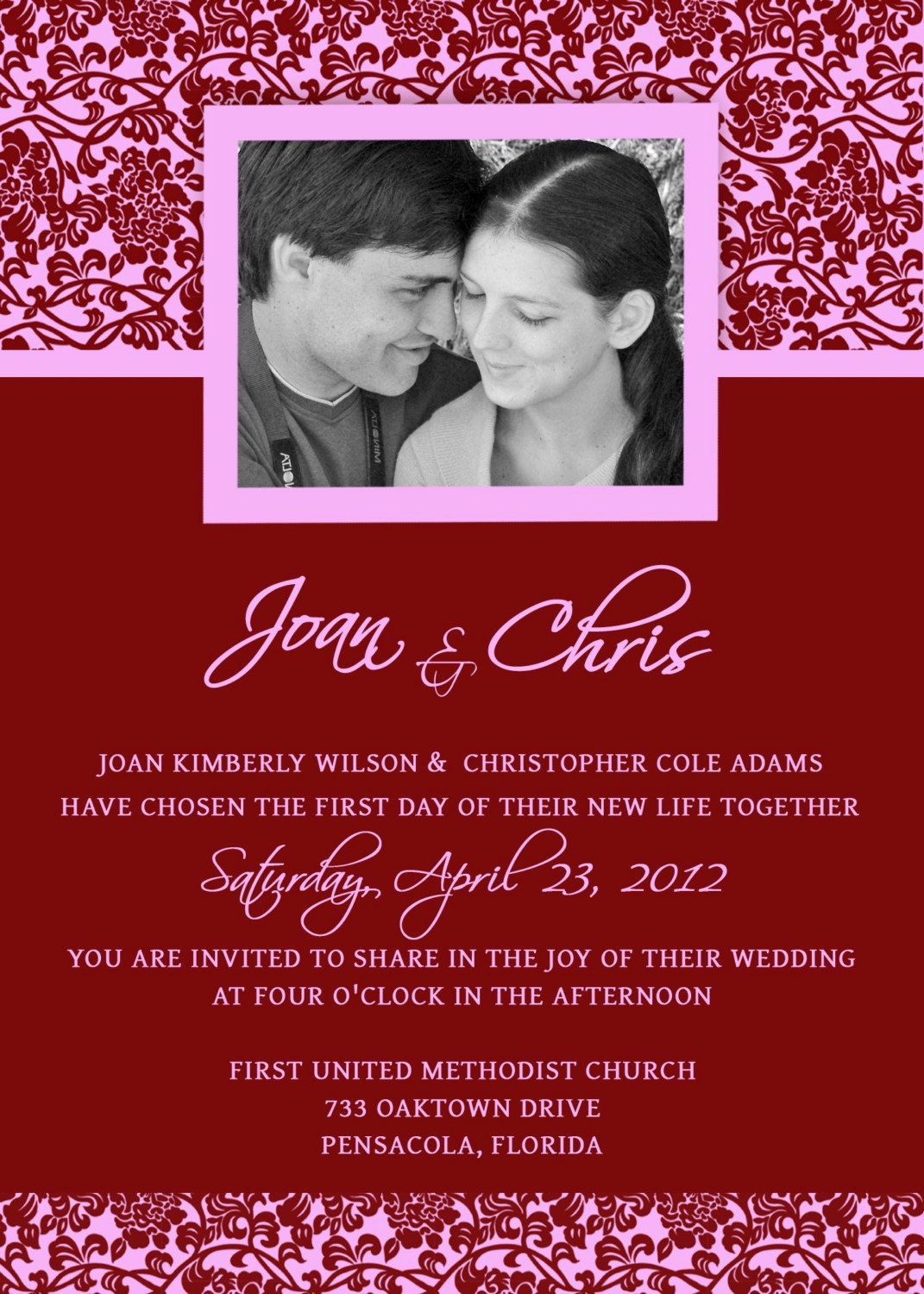 Wedding Invitations Template - PSD - Photoshop - Gimp - Do it yourself - Printable Damask Wedding Invitation - Pink and Red Cranberry
