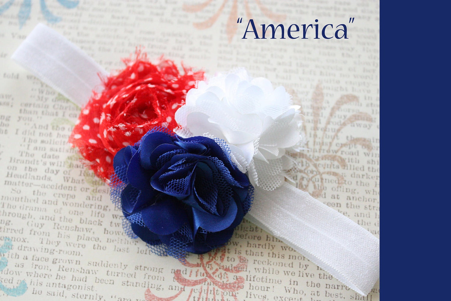America Puff Shabby Rose Flower Headband for baby girls Patriotic 4th of July