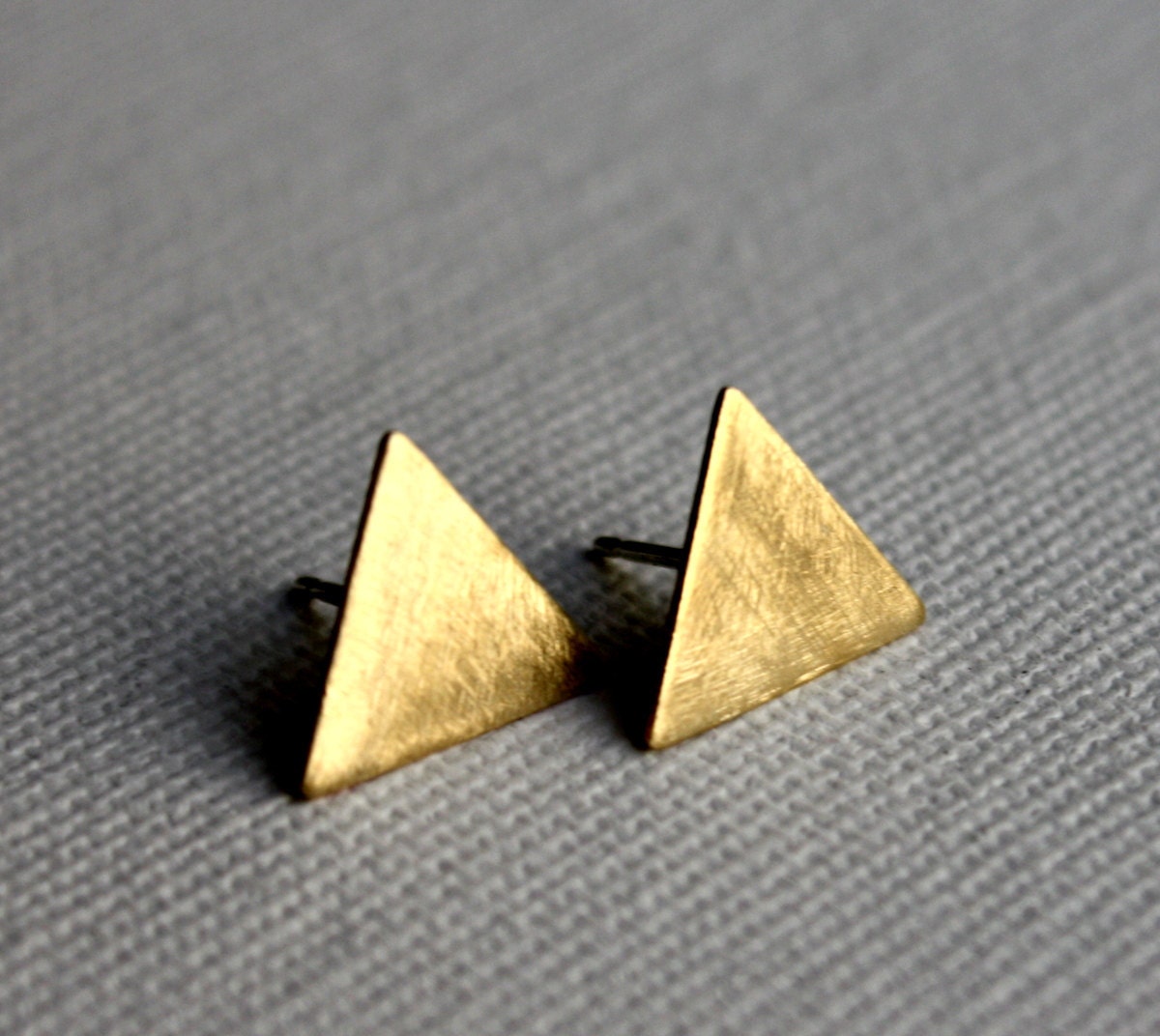 Small Brass Triangle Studs- Brushed Finish with Sterling Silver Posts
