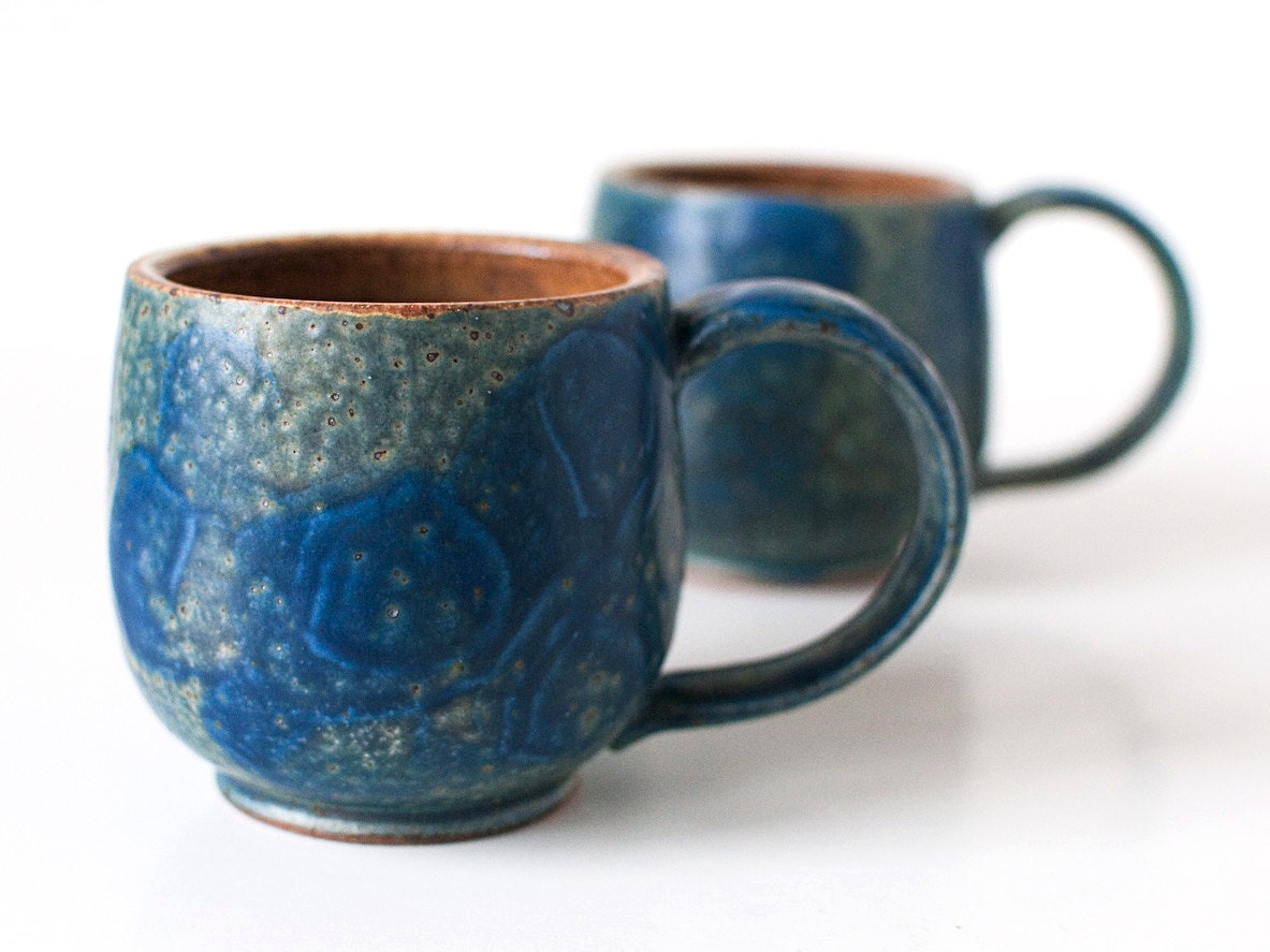Ocean Blue Mugs, Stoneware, 10 Ounces, Set of Two