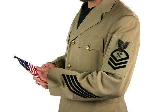 Vintage Jacket Coat Mens Military Navy Officers Wool Stripes Camel
