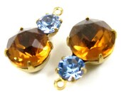 2 - 15x9mm Vintage Glass Round Stones in 1 Ring Two Stones Brass Prong Settings  - Light Sapphire and Smoke Topaz