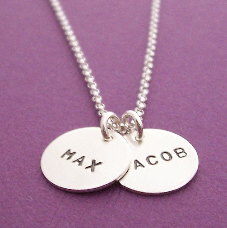 Mother's Jewelry - Two Name Necklace in Sterling Silver - Hand Stamped, Engraved Mom Necklace with TWO Personalized Charms by EWD