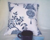 Throw Pillow Cover in Traditional Print of Blue and White by Waverly Lightfoot House Toile Porcelain. 18 Inches Square.