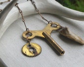 The Clock Maker's Shop -Antler Hill Village . Antique Brass Clock Winding Key, Gear and Genuine Deer Antler Necklace
