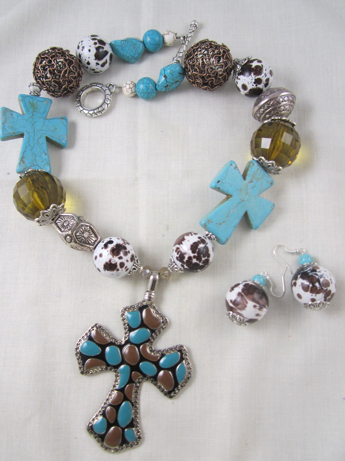 Chunky Mosaic Cross Necklace Animal Print Turquoise Magnesite