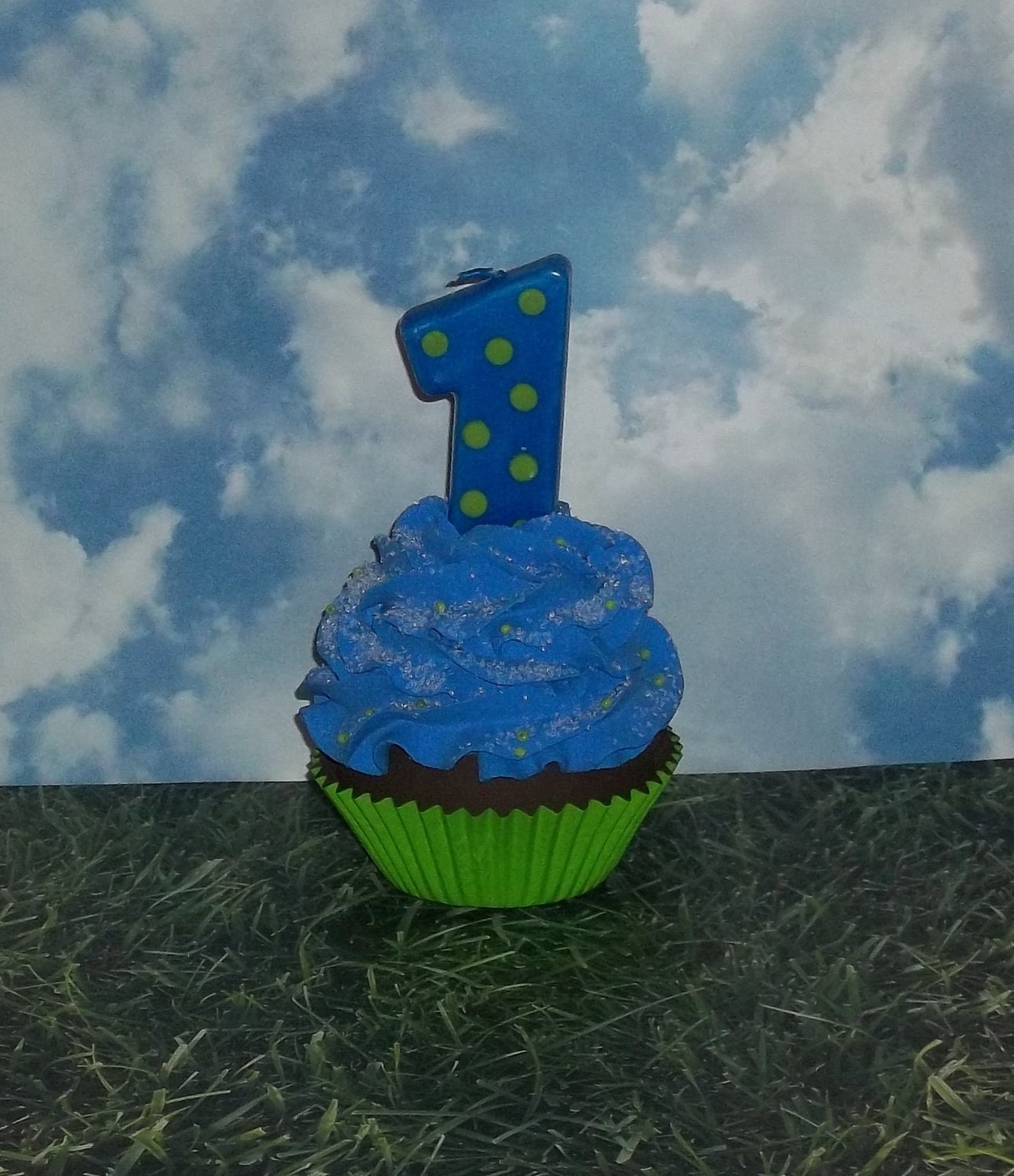 Little Boy 1st First Birthday Fake Cupcake Blue and Green Polka Dot Number 1 One Candle Photo Prop, Birthday Party Decor, Keepsake