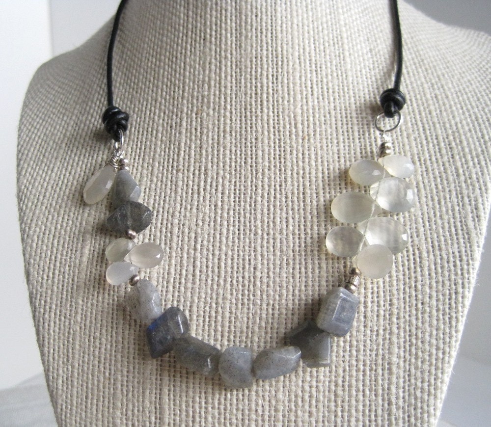 Labradorite Moonstone Necklace Briolette Leather Choker