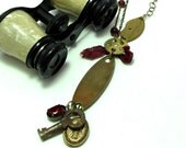 Blood Red Steampunk OOAK Long Necklace Vintage Key Gear Crystal Lord's Prayer Exclusive Design By Mystic Pieces