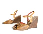 Women's Vintage Platform Wedge Sandals with Brown Leather Peep Toe Tops for size 7