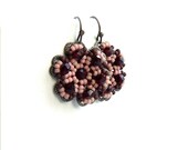 Glass Seed Bead, Brass Flower - Beadwoven Earrings - Petalage in Pink and Cranberry - Handmade Fashion