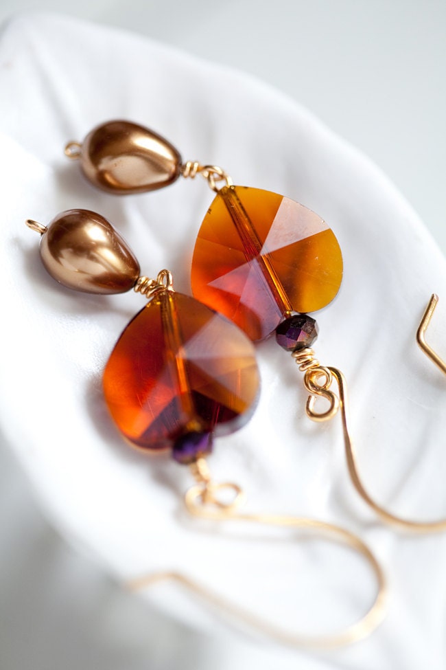 Heart Earrings gold pearls red tan