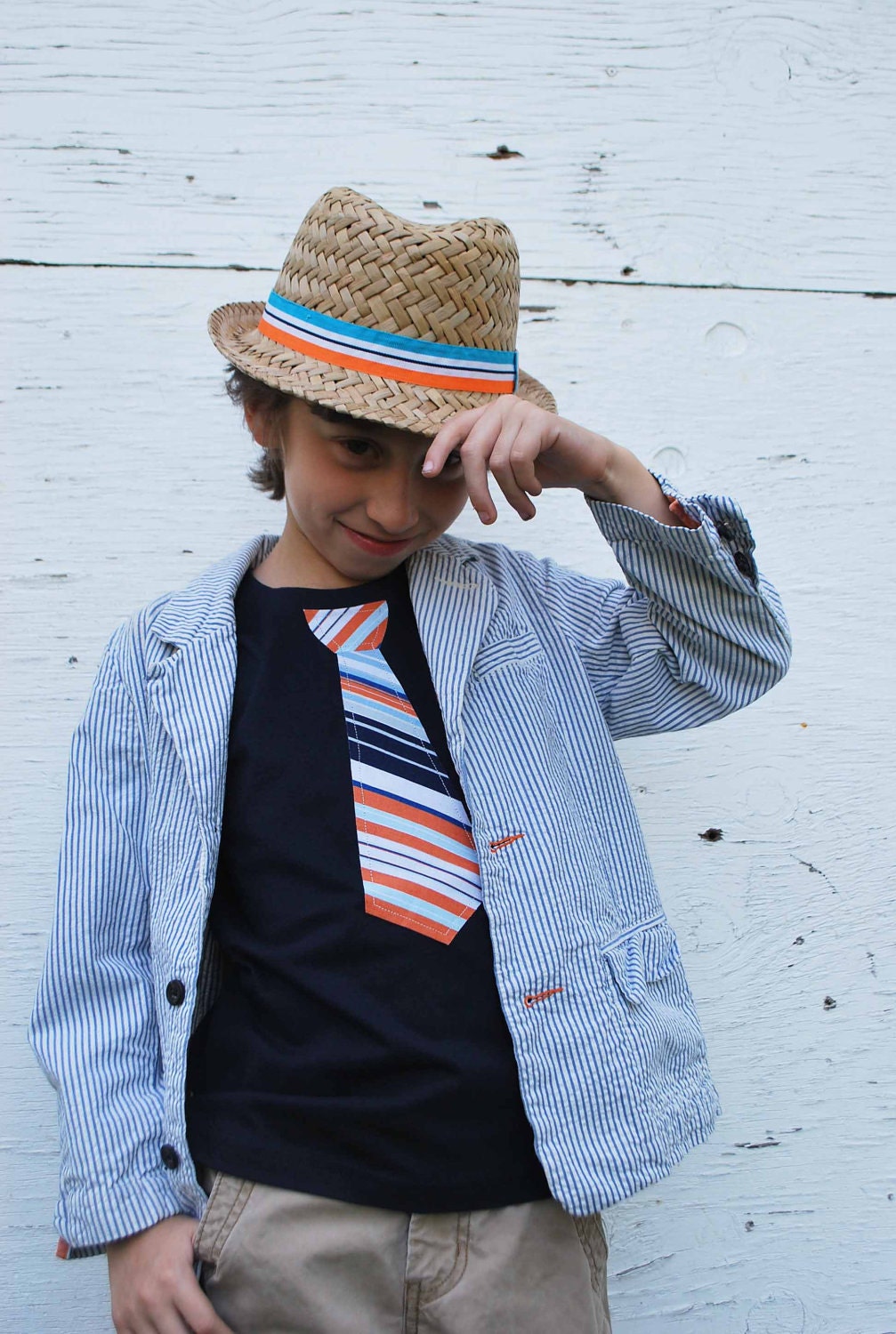 ORANGE Stripes NECKTIE APPLIQUE fine jersey t-shirt.... Very cute summer ouftit... Great church, Birthday outfit or family pictures
