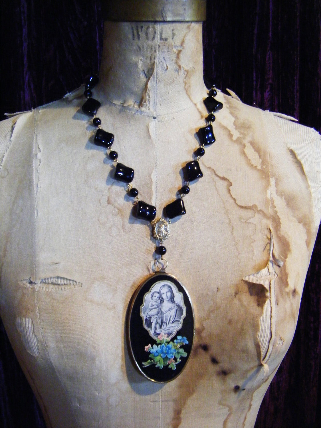 Antique Madonna glass framed French pendant flowers necklace religious reliquary one of a kind assemblage