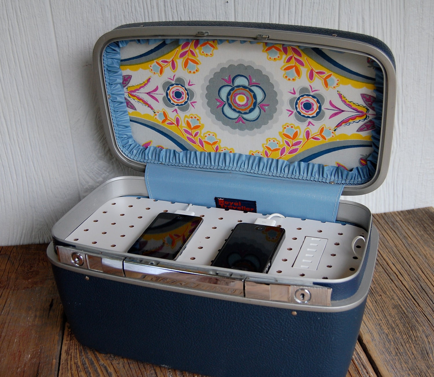 Vintage Samsonite Train Case Custom Charging Station for phones, iPods & iPad in Deep Retro Navy Blue