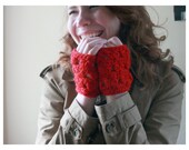 Red 100% Wool fingerless gloves/mitts with Heart Design