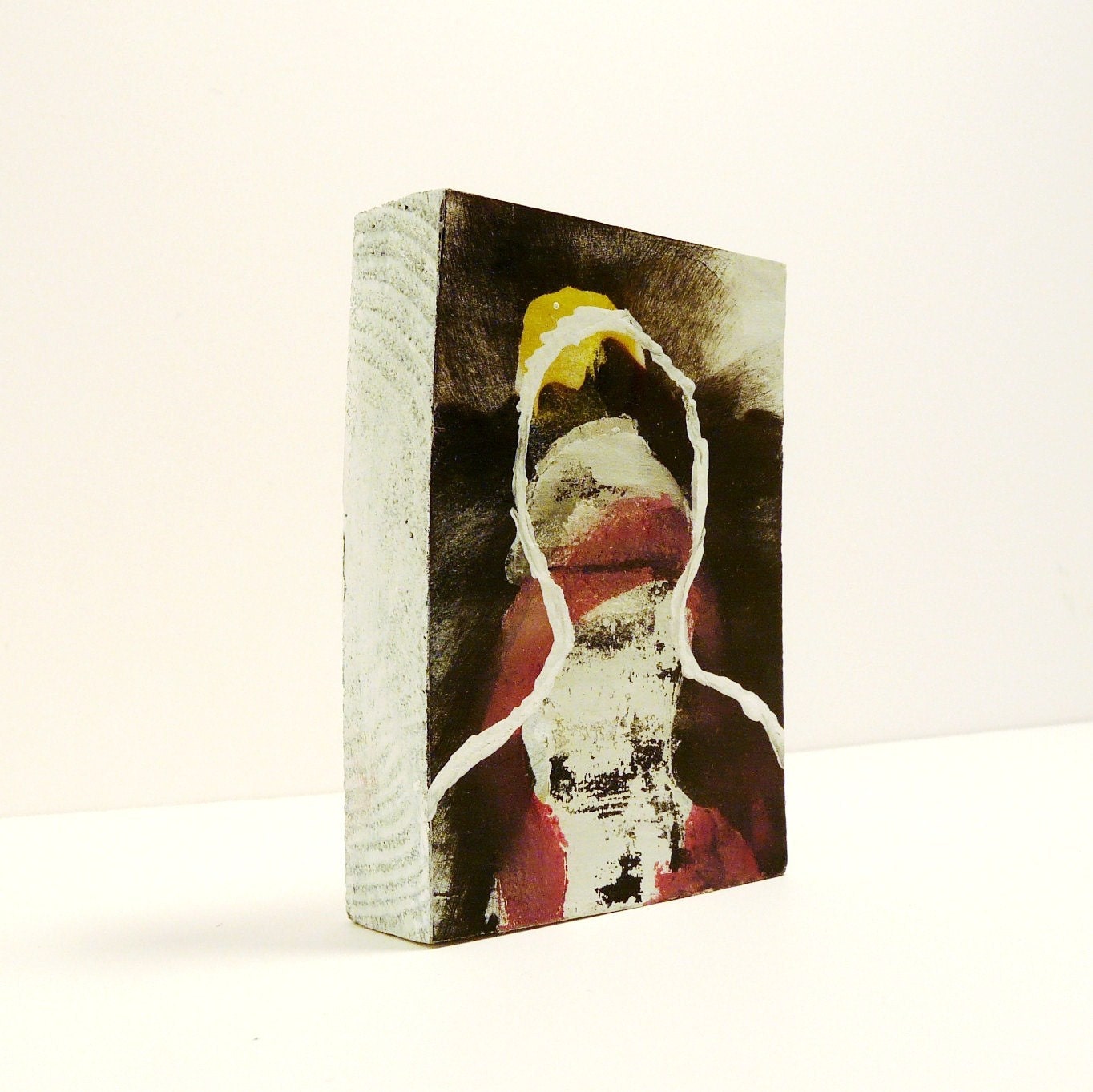 silhouette painting  //  abstract street art portrait  //  outsider art, wood block, white acrylic, pink ink