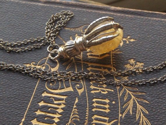 The Raven's Loot. Silver Bird Talon Foot and Golden Citrine Gemstone Nugget -- Necklace