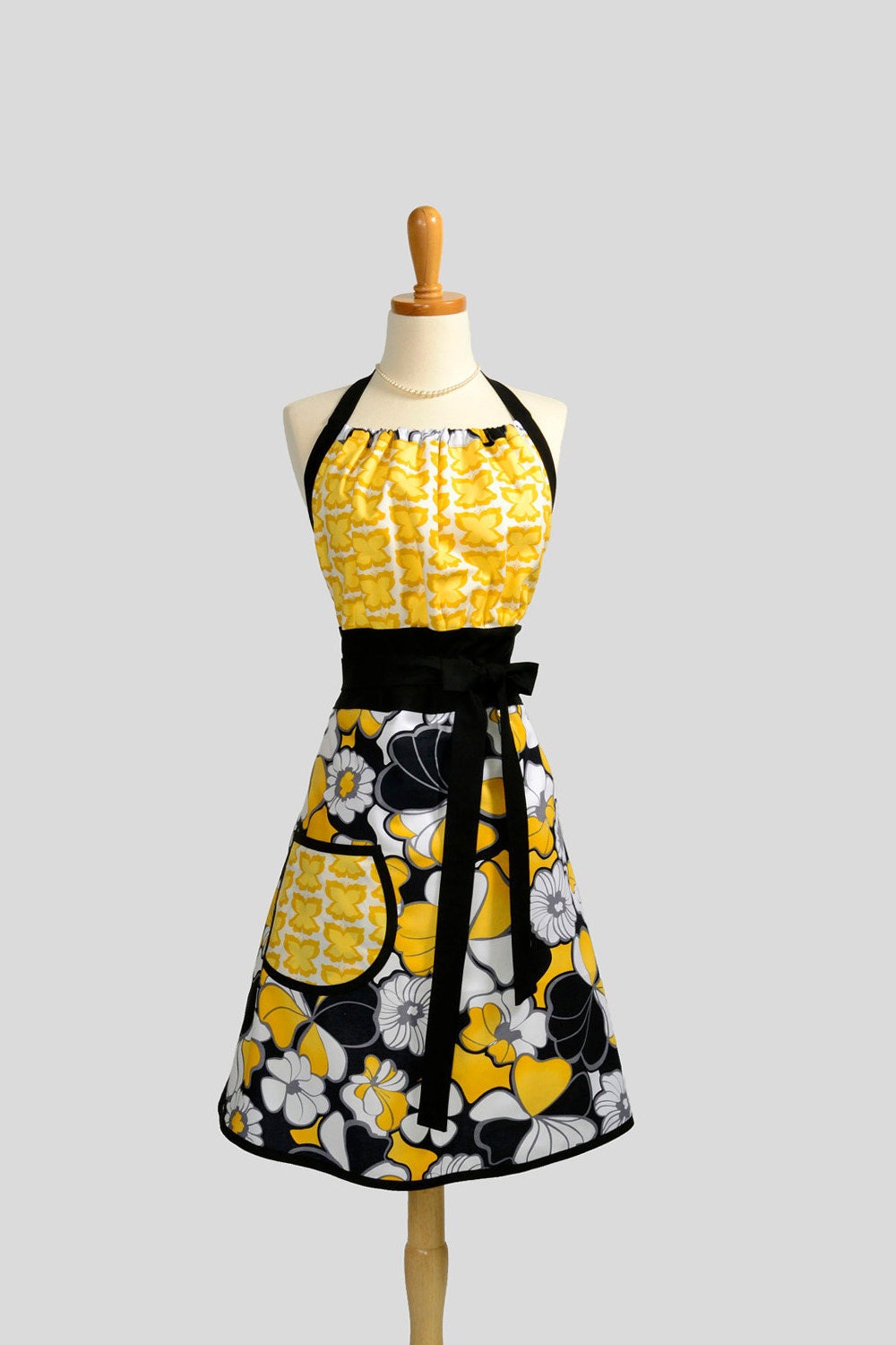 Cute Kitsch Apron : Handmade Modern Design in Black White and Yellow Floral with Butterfly