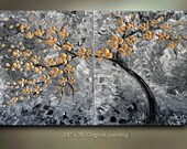 ORIGINAL 2 canvases diptych tree metallic Gold Flowers Abstract Painting Art Landscape painting artwork 36x24 Modern art Texture by OTO