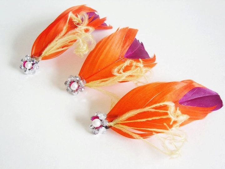Orange and Purple Bridal Fascinator Set - Feather Bridal Fascinators (Set of 3) - PetalVeils