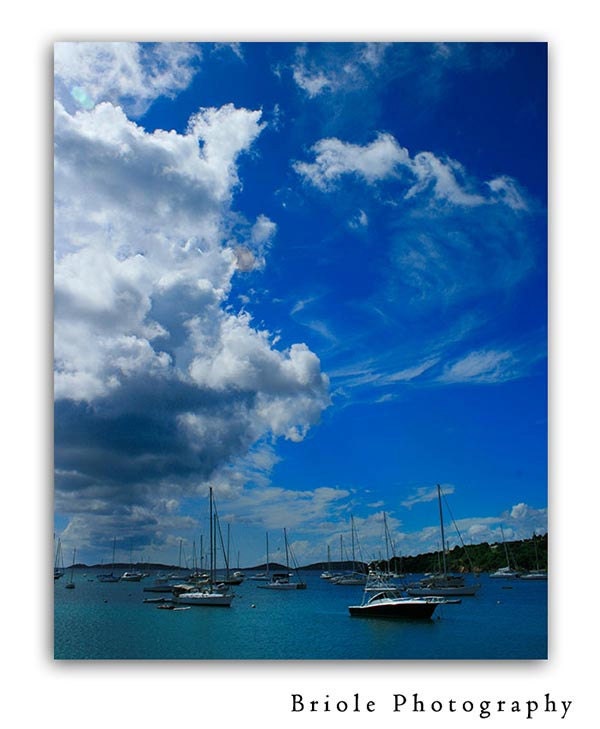 Sailboat in the Harbor Photograph 8"x10" Affordable St. John Print. Deep Saturated Aqua Green and Sky Blue Colors.